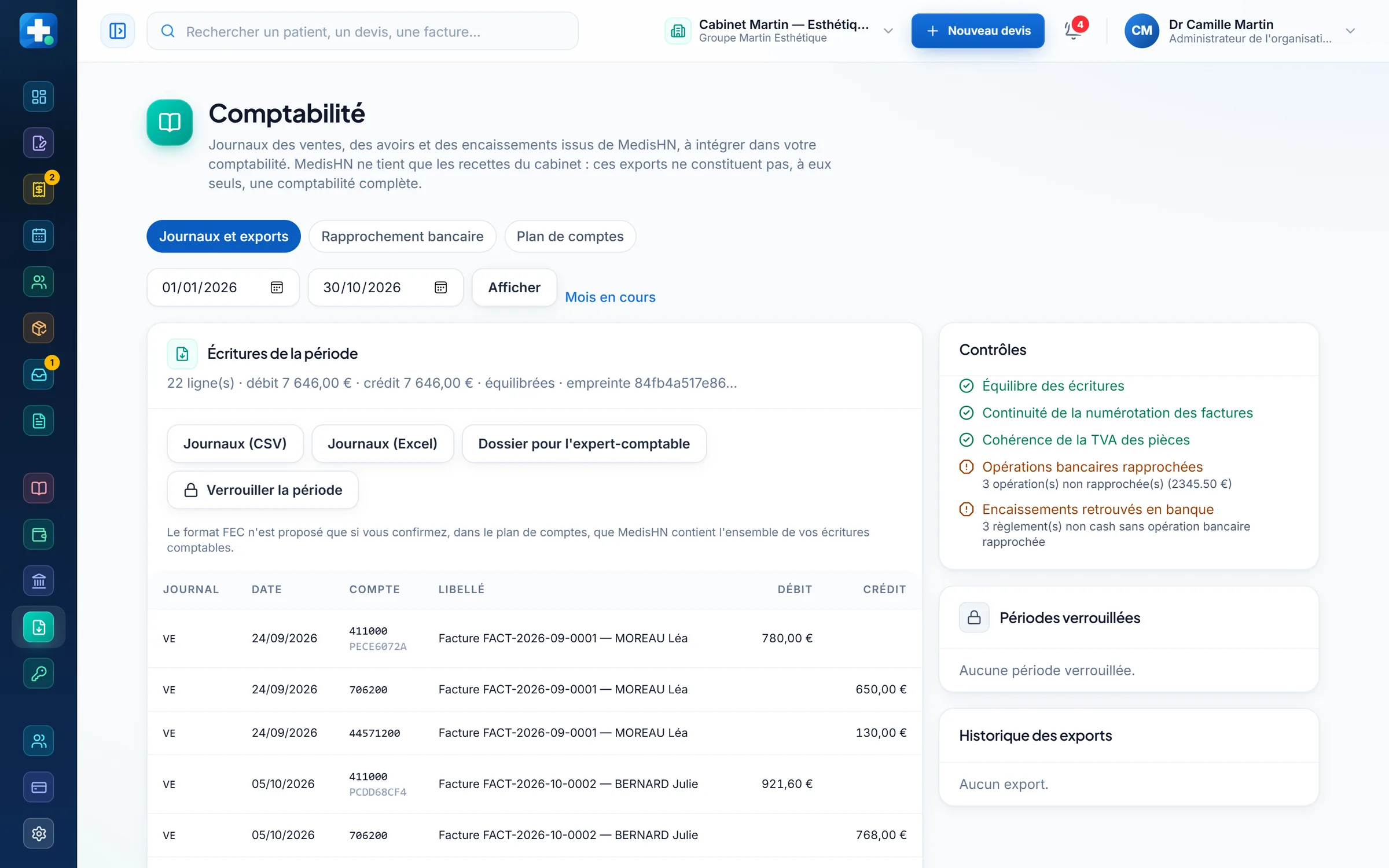 MedisHN : journaux comptables, contrôles et export FEC (données de démonstration)