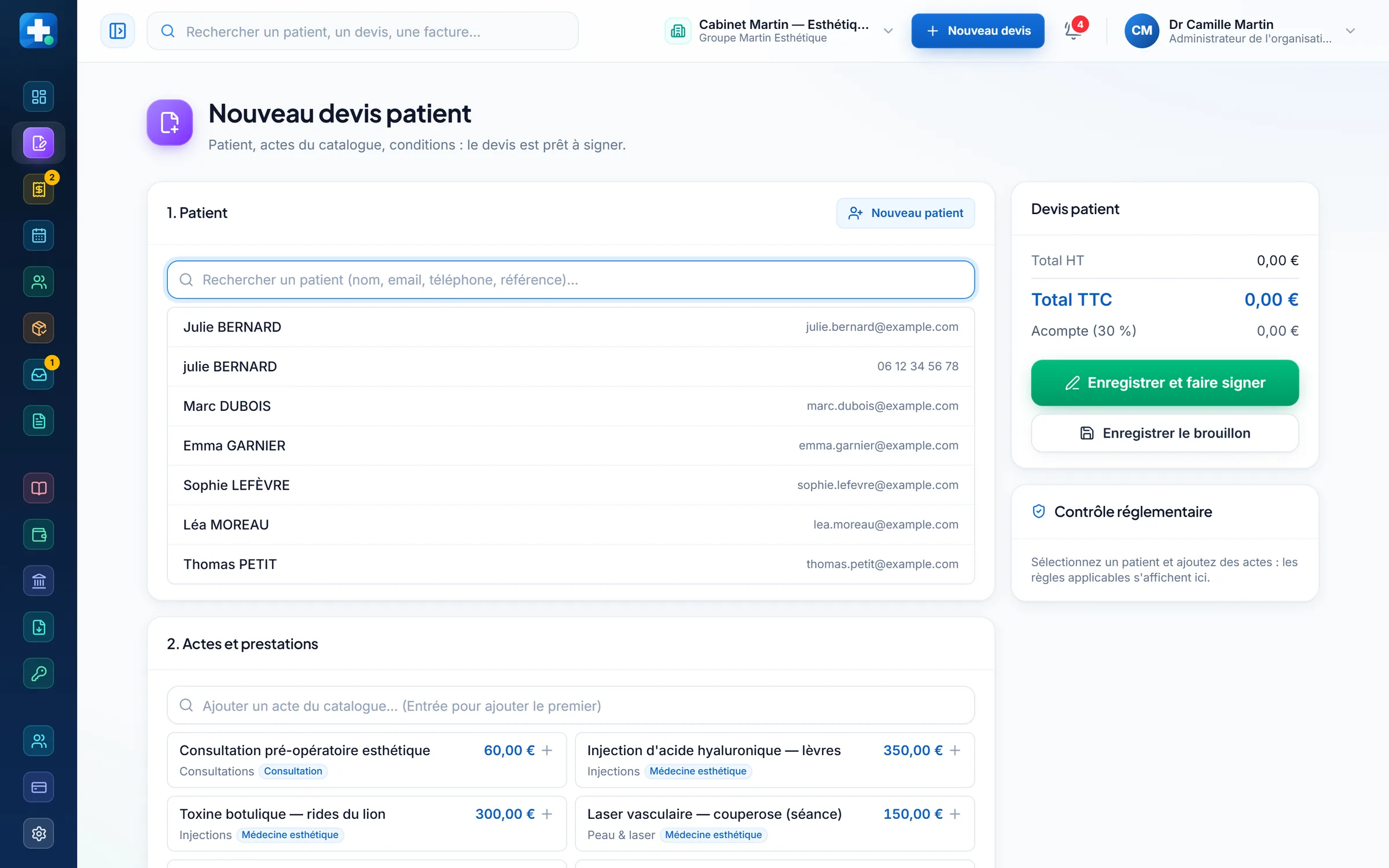 MedisHN : création d'un devis à partir du catalogue d'actes (données de démonstration)