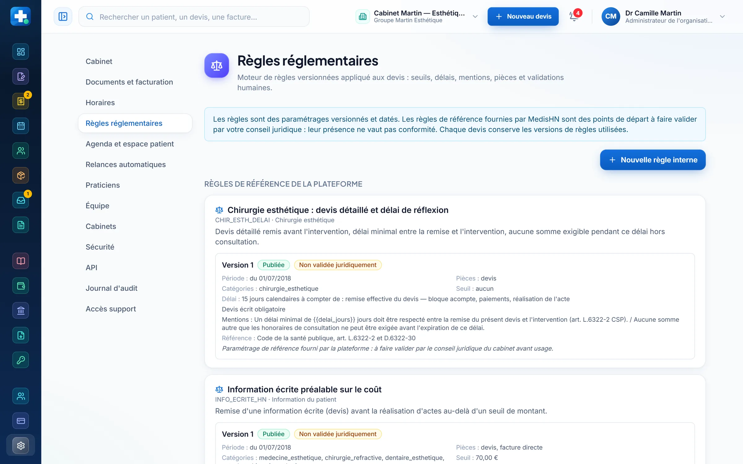 MedisHN : règles réglementaires versionnées : délai de réflexion, seuil d'information écrite (données de démonstration)